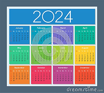 Colorful calendar for 2024 year. Week starts on Sunday Vector Illustration