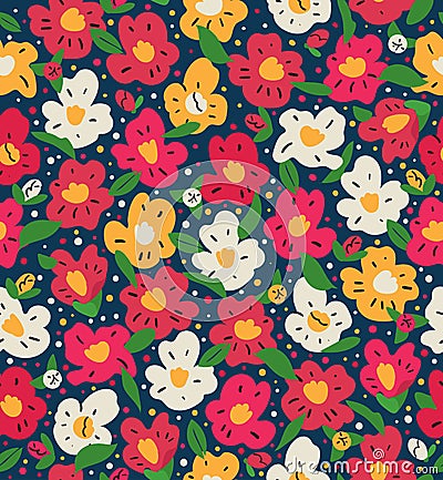 Colorful Camellia Seamless vector pattern. Floral ditsy background illustration with simple flowers cute repeated Vector Illustration