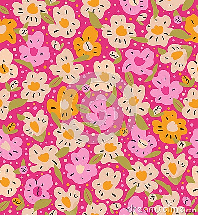 Colorful Camellia Seamless vector pattern. Floral ditsy background illustration with simple flowers cute repeated Vector Illustration