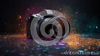 Colorful Camera Explodes on Bright Background in Ultra-Detailed Photoshoot Stock Photo