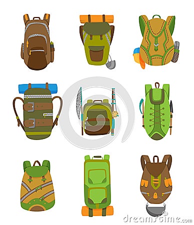 Colorful camping backpack set in flat design. Tourist retro back packs vector illustration. Classic styled hiking Vector Illustration