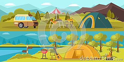 Colorful Camping Horizontal Banners Vector Illustration