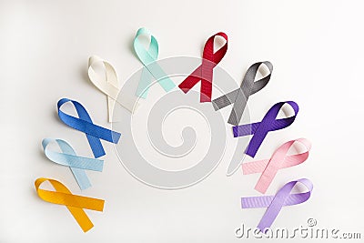 Colorful cancer ribbons as Health symbols for all types of cancer in a semi circle Stock Photo