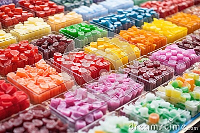 colorful candies arranged in nice rows at a confectionery stall Stock Photo