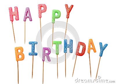 Colorful candles in letters saying Happy Birthday, isolated on white background (clipping path) Stock Photo