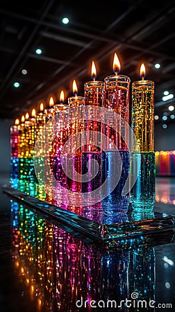 The colorful candles of a vibrant Hanukkah menorah glow brightly, their reflection shimmering on a dark surface against a blurred Stock Photo