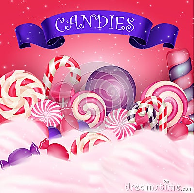 Colorful candy background with realistic blue ribbon Vector Illustration