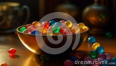 A colorful candy bowl with sweet treats for a celebration generated by AI Stock Photo