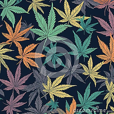 Colorful cannabis leaves pattern on black background. Generative AI Stock Photo