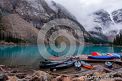 Canoe at Moraine lake in the morning Editorial Stock Photo