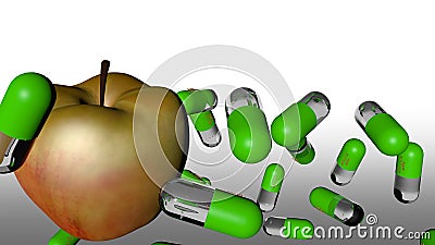 Colorful capsule with transparent gel body and an apple. & x28;3d rendered Stock Photo