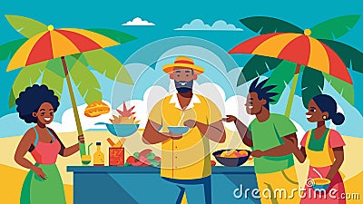 At the colorful Caribbean BBQ guests sample a variety of jerk chicken flavors each one more delicious than the last Vector Illustration