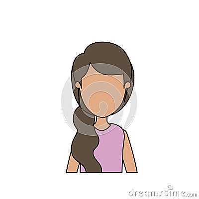 Colorful caricature faceless front view half body woman with side ponytail hair Vector Illustration