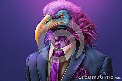 Colorful caricature of a vulture dressed in a purple suit and tie, allegory to a businessman. Generative AI Stock Photo