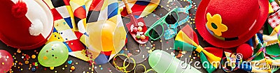 Colorful carnival banner with party accessories Stock Photo