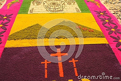 Colorful carpets made out of Sawdust known as Alfrombras Stock Photo
