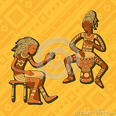 African drummers. Percussion players. Tribal music. Vector Illustration