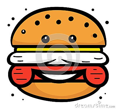 Colorful cartoon cheeseburger with sesame bun, cheese, lettuce, tomato. Delicious fast food meal vector illustration Vector Illustration