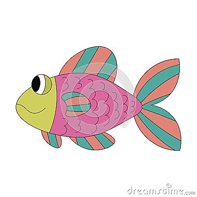 Colorful cartoon cute pleased fish isolated on white background. Vector Illustration