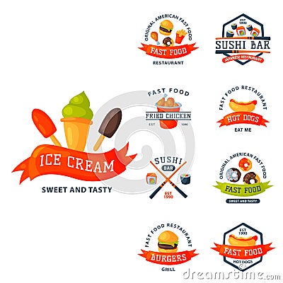 Colorful cartoon fast food label logo isolated restaurant tasty american cheeseburger badge mea meal vector illustration Vector Illustration