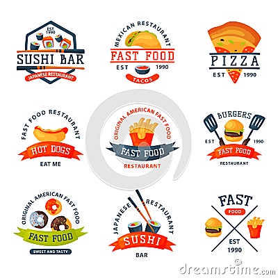 Colorful cartoon fast food label logo isolated restaurant tasty american cheeseburger badge mea meal vector illustration Vector Illustration