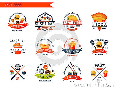 Colorful cartoon fast food label logo isolated restaurant tasty american cheeseburger badge mea meal vector illustration Vector Illustration