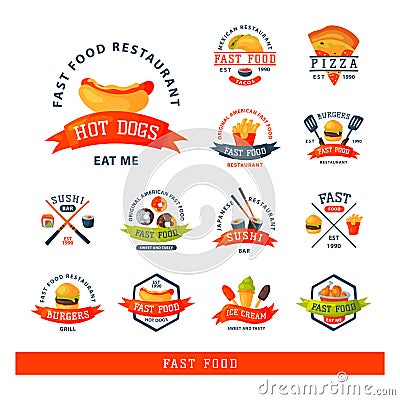 Colorful cartoon fast food label logo restaurant tasty american cheeseburger badge mea meal vector illustration Vector Illustration