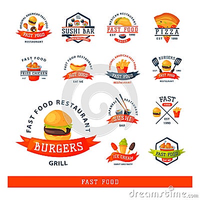 Colorful cartoon fast food label logo Vector Illustration