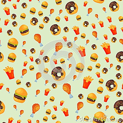 Colorful cartoon fast food seamless pattern Vector Illustration