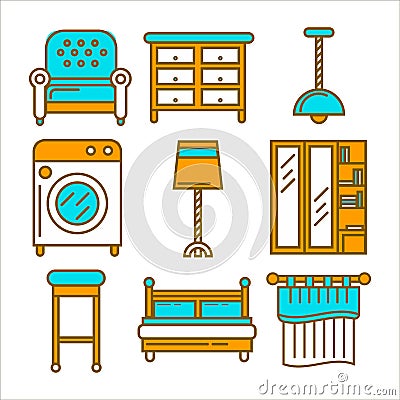 Colorful cartoon furniture isolated flat illustrations big set Vector Illustration