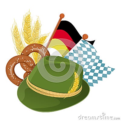 Colorful cartoon german feather hat. Historical costume party prop. Vector Illustration
