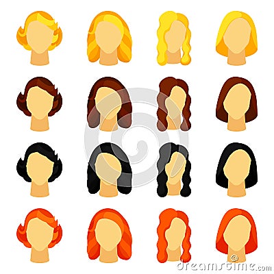 Colorful cartoon girl hairstyle set Vector Illustration