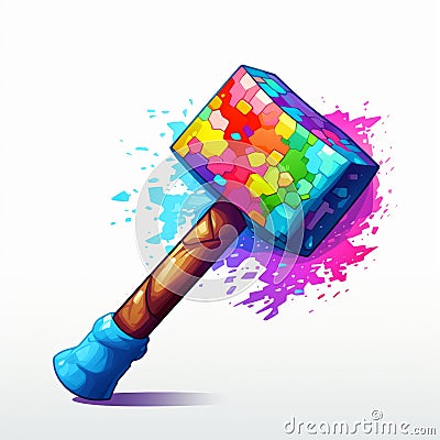 Colorful Cartoon Hammer: Pixelated Realism With Watercolor Illustrations Cartoon Illustration