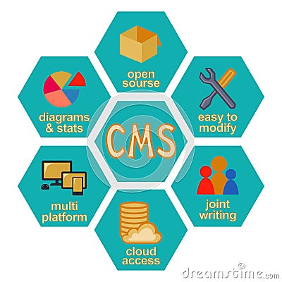 Colorful cartoon honeycomb content management system infographic Vector Illustration