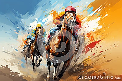 Colorful cartoon horse race, jockeys showcase equestrian skill Stock Photo