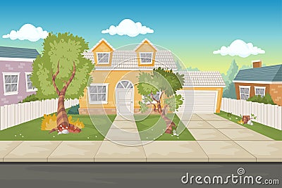 Colorful cartoon houses. Suburb neighborhood. Vector Illustration