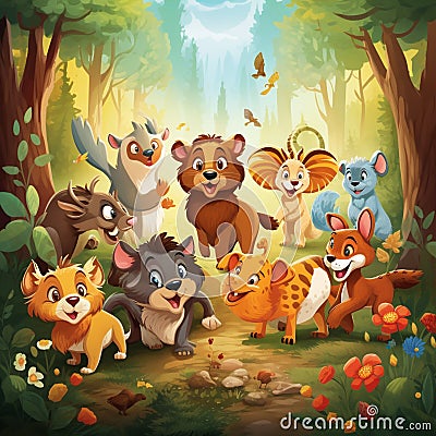 Colorful cartoon illustration of anthropomorphic animals on an adventurous journey through animal tracks Cartoon Illustration