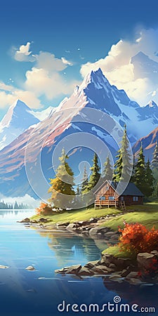 Serene Mountain Scene With Cabin And Lake - Digital Painting Commission Cartoon Illustration