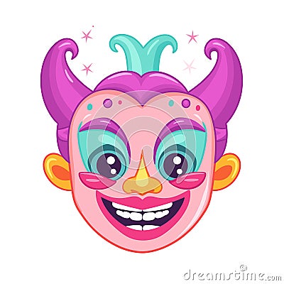 Colorful cartoon jester face with a big smile, twinkling eyes, and curly hair. Festive clown character, joyful Vector Illustration
