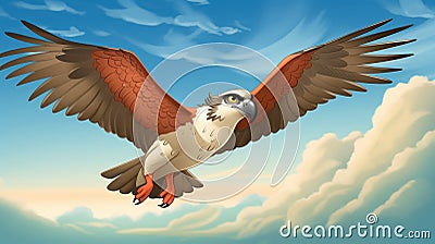 Colorful Cartoon Osprey Soaring Above The Clouds Cartoon Illustration