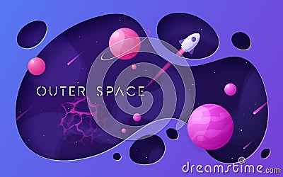 Colorful cartoon outer space background, design, banner, artwork. Vector Illustration