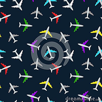 Colorful cartoon planes on a dark background, seamless pattern Vector Illustration