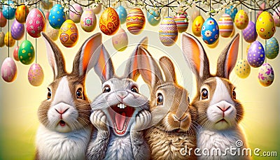 Colorful Cartoon Rabbits with Expressive Faces, Cute and Whimsical Easter Bunny Illustrations Stock Photo