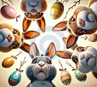 Colorful Cartoon Rabbits with Expressive Faces, Cute and Whimsical Easter Bunny Illustrations Stock Photo