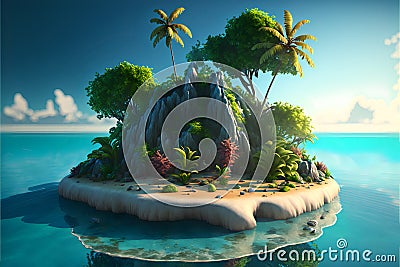 Colorful cartoon sandy island with palm trees and different plants and beautiful turquoise water around. Stock Photo