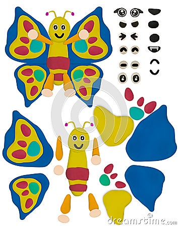 colorful cartoon smile butterfly made from plasticine and object for graphic design use on white Stock Photo