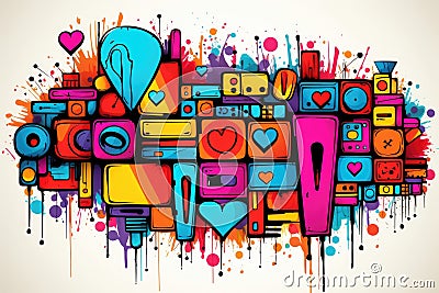 Colorful cartoon sticker background with captivating graffiti art and vibrant designs Cartoon Illustration