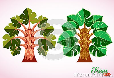 Colorful cartoon trees. Fantastic tropical plants. Elements for design. Isolated image on white background Vector Illustration