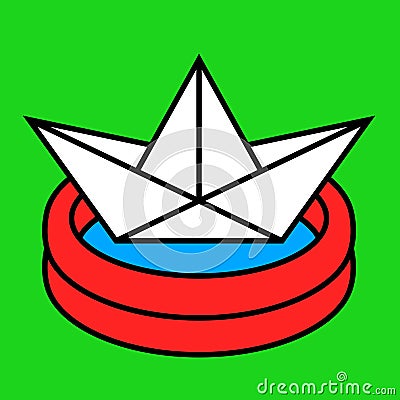 Colorful cartoon wading pool with a paper boat Vector Illustration