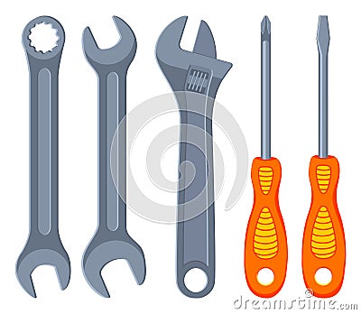 Colorful cartoon wrench screwdriver set Vector Illustration